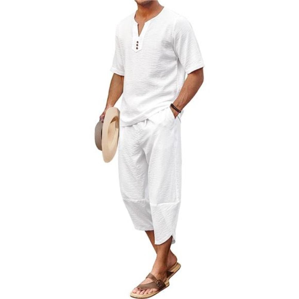Linen Henley Shirt & Capri Pants Set for Men, White